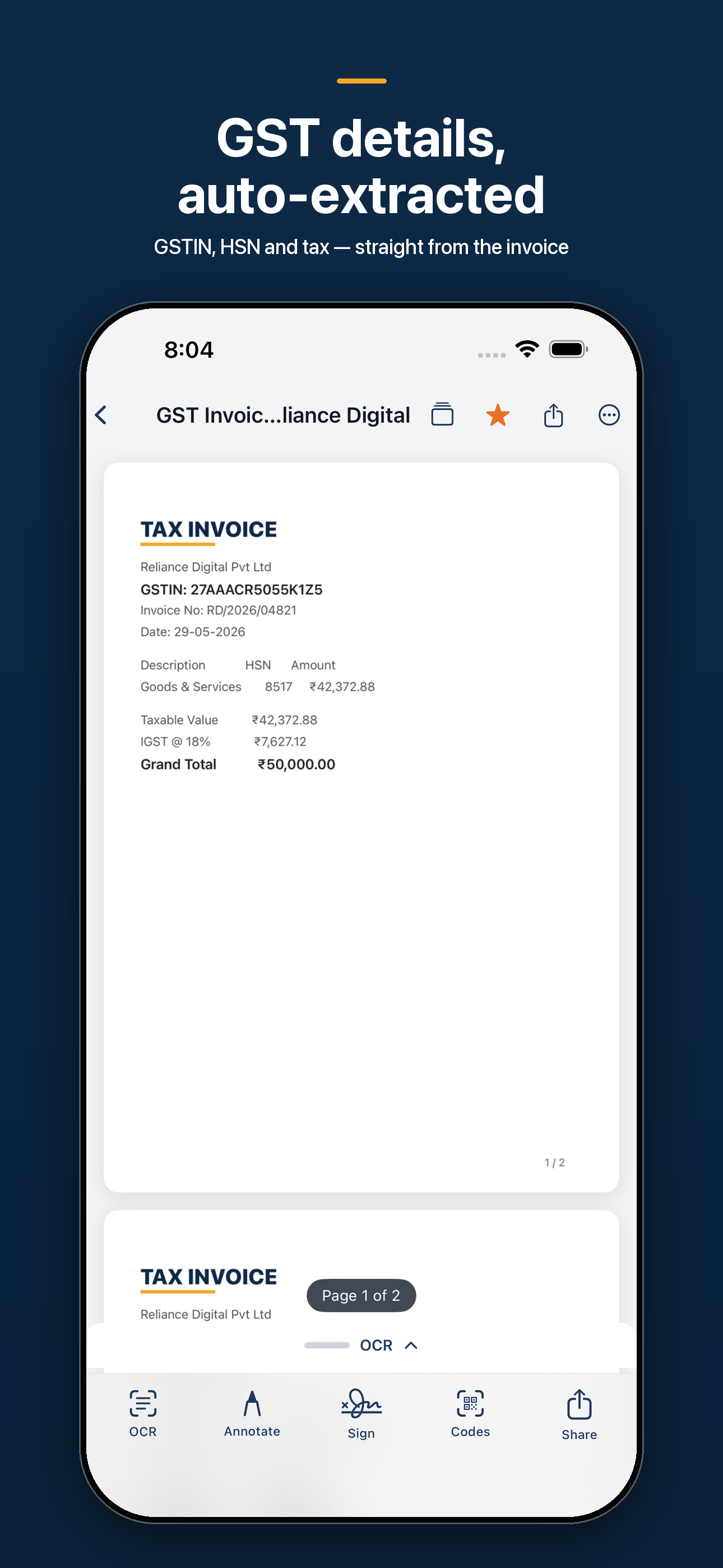 GST invoice with GSTIN, HSN, and tax extracted on the device